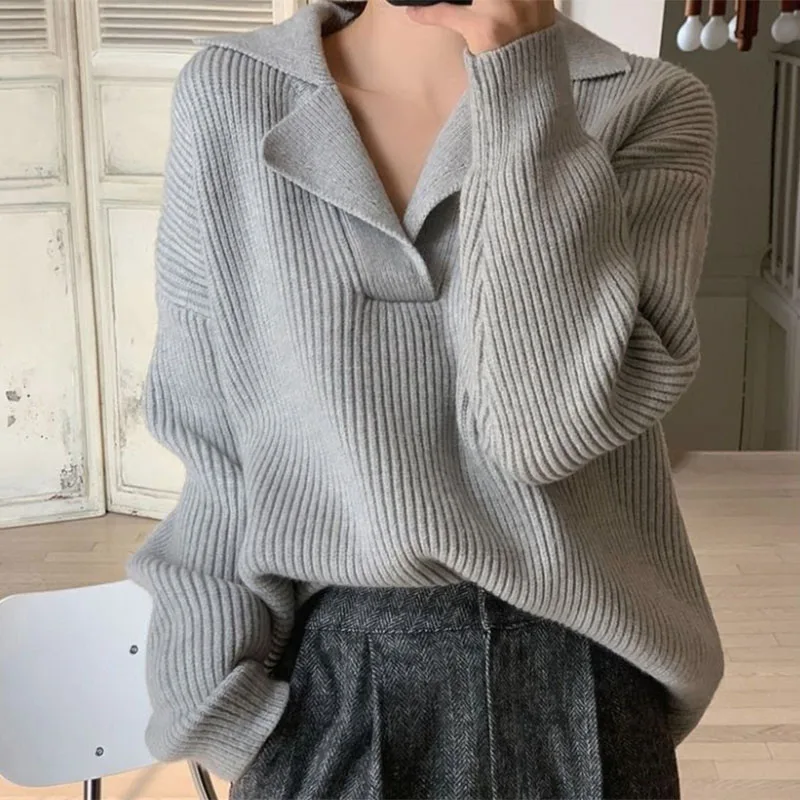 

Lucyever Women Knitted Sweaters Solid Casual Loose Long-Sleeved V-Neck Jumpers Female 2022 Autumn Winter Thick Ribbed Pullovers