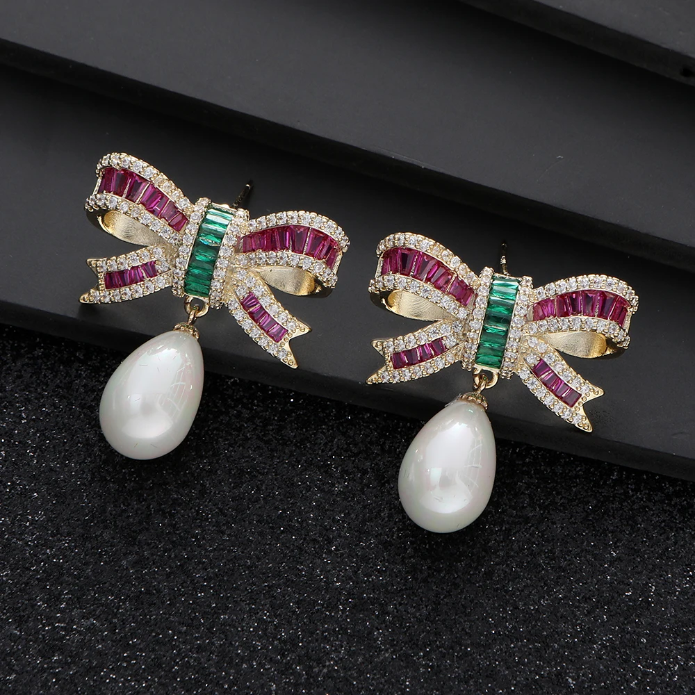 

Trendy Pearl Sweety Romantic Bow Drop Earrings for Women Trendy Elegant For Women Wedding Cubic Zircon Butterfly E1073