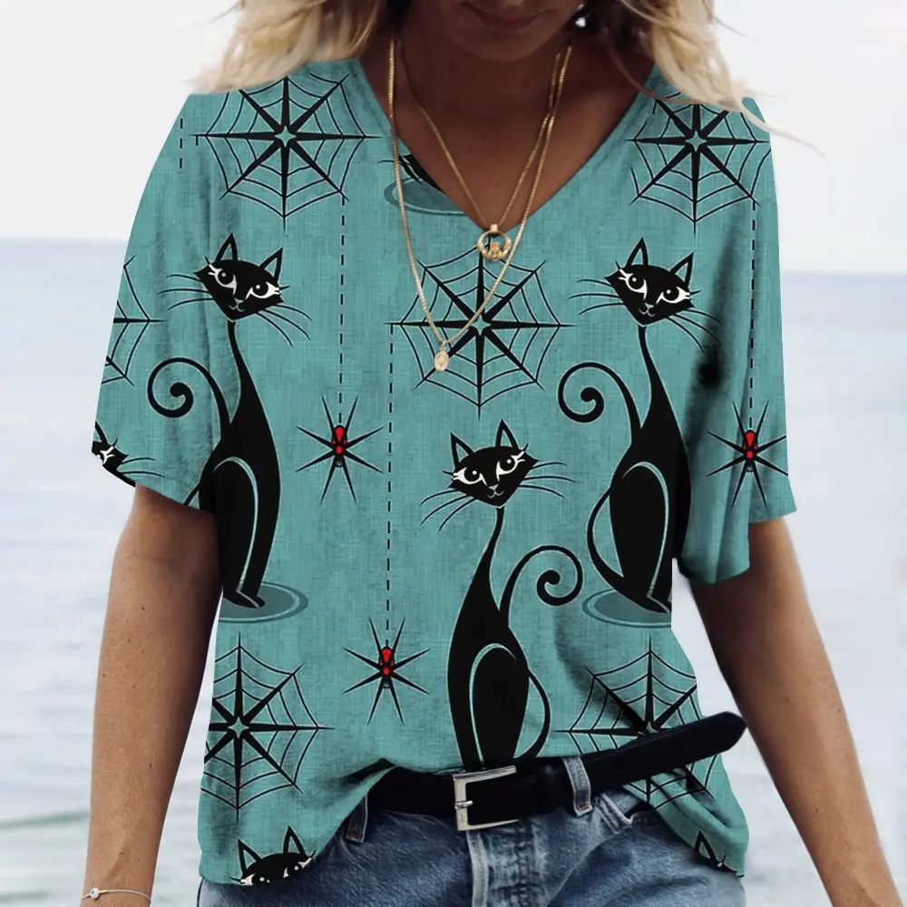 

Женская футболка с коротким рукавом, V-образным вырезом и 3D-принтом кота