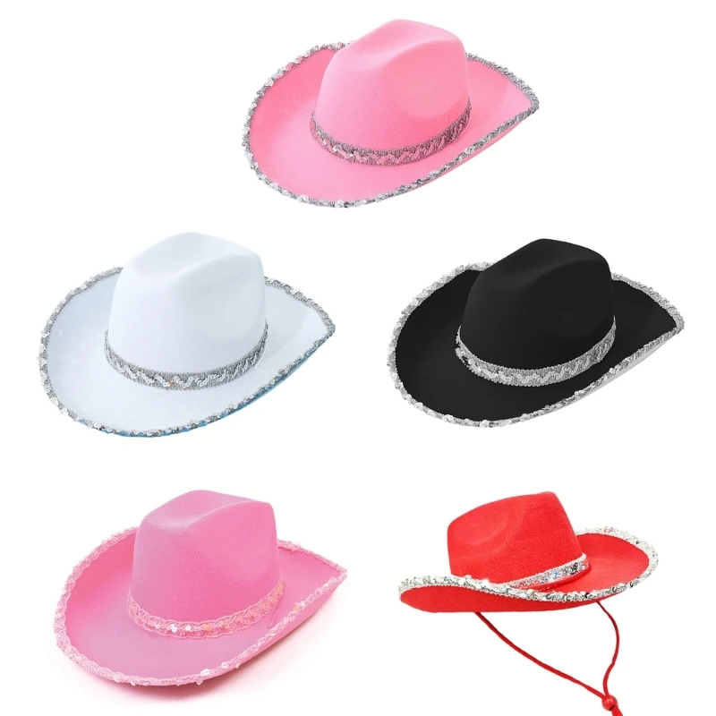 

Western Felt Cowgirl Hat with Sequins Brim Wedding Party Hat for Adult Casual