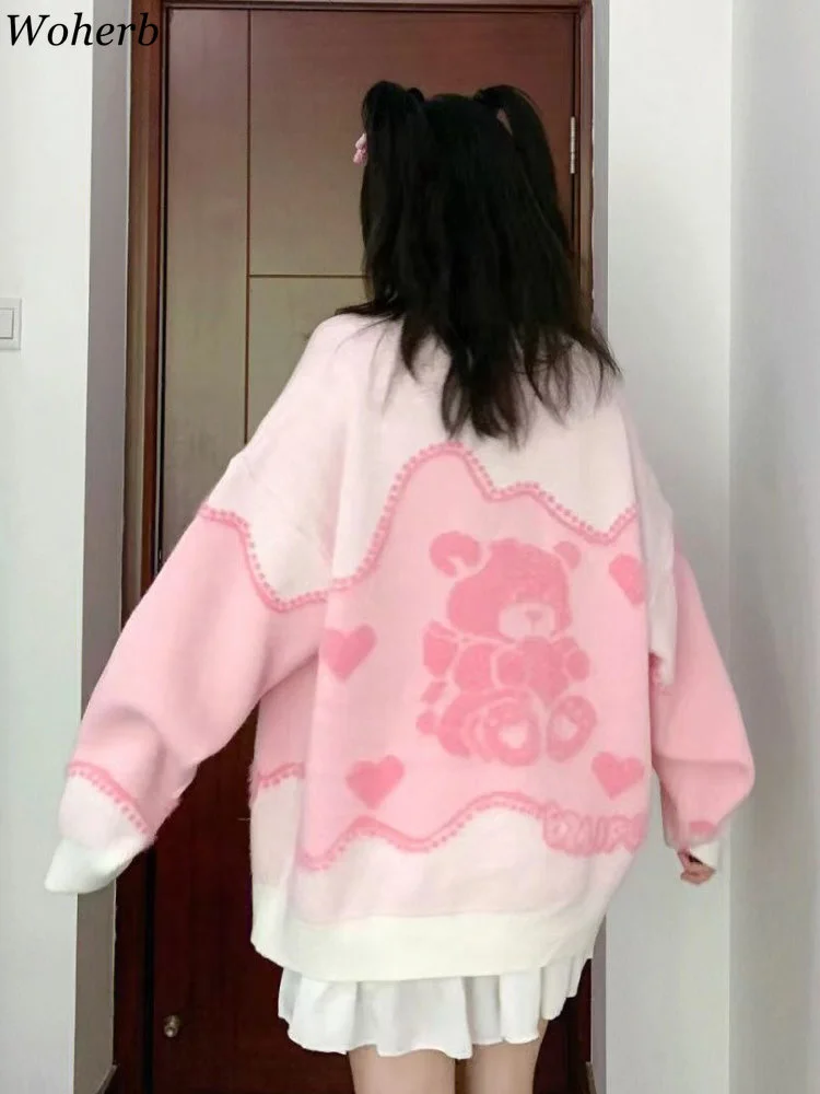 

Y2k Aesthetics Kawaii Pink Sweater Harajuku Bear Print Pullover Grunge Fairycore Sweet Jumper E-girl Cute Chic Knitwear