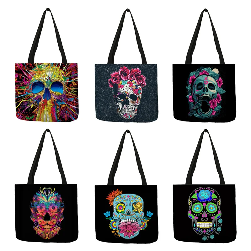 

Floral Skull Print Linen Tote Bag Reusable Shopping Bags Folding Women Casual Handbags Lady Fabric Totes