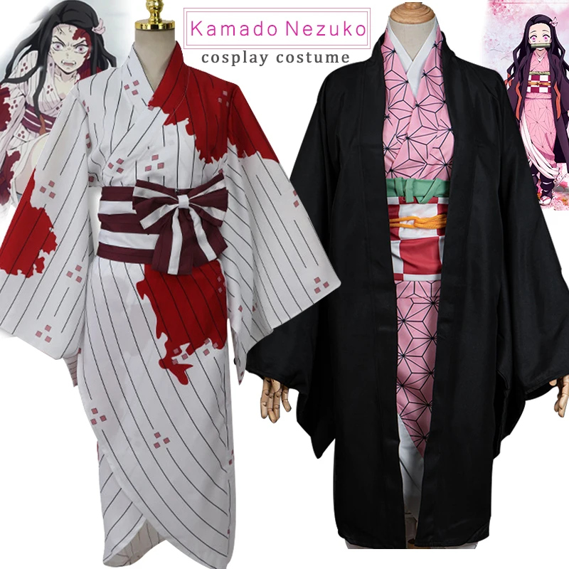 

Kids Demon Slayer Kamado Nezuko Kimono Cosplay Kostuum Mantel Rok Jurken Hoofddeksels Man Vrouwen Kimono Kimetsu Geen Yaiba