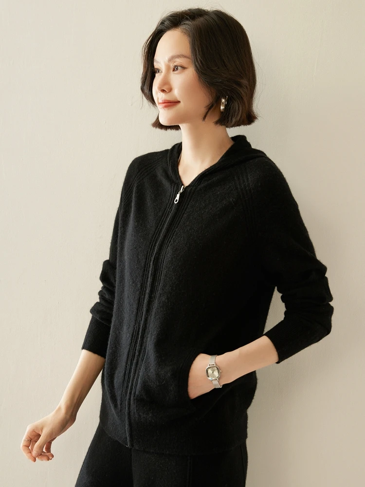 ANGE Высококачественная женская кашемировая толстовка с капюшоном на молнии