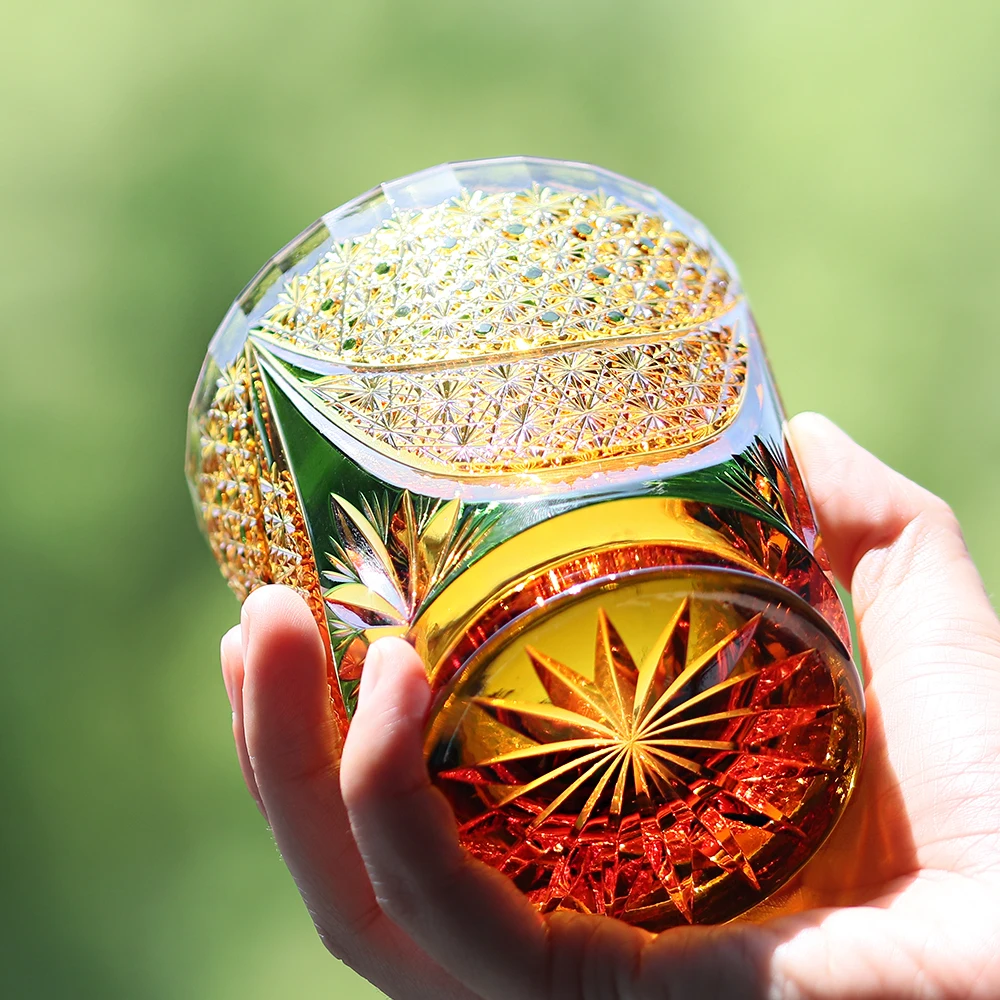 Фото Японский стакан для виски Amber Green 24% Lead Crystal Hand Cut Edo Kiriko, 330 мл, ручной работы, для крепких напитков и напитков в японском стиле №2