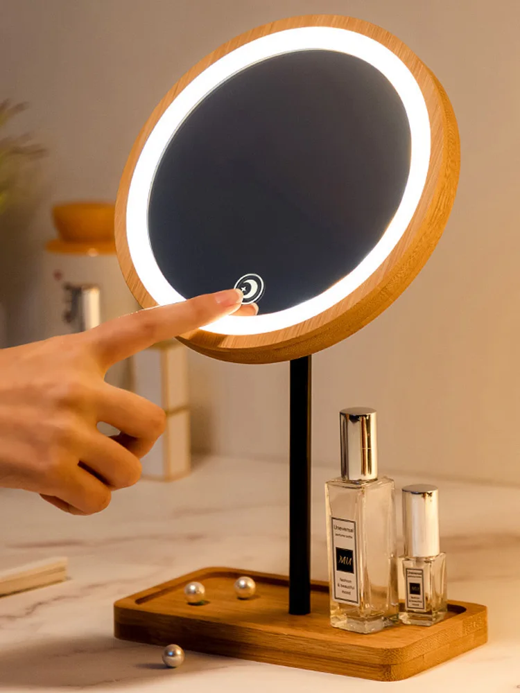 

Wooden Desktop Makeup Mirror Led Rechargeable Household Small Desktop Fill Light Storage Gifts