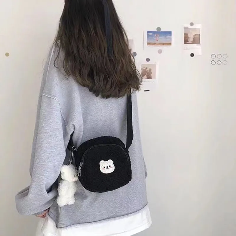 2022 new cute bear messenger bag women plush mobile phone bag girls small shoulder bag free global shipping