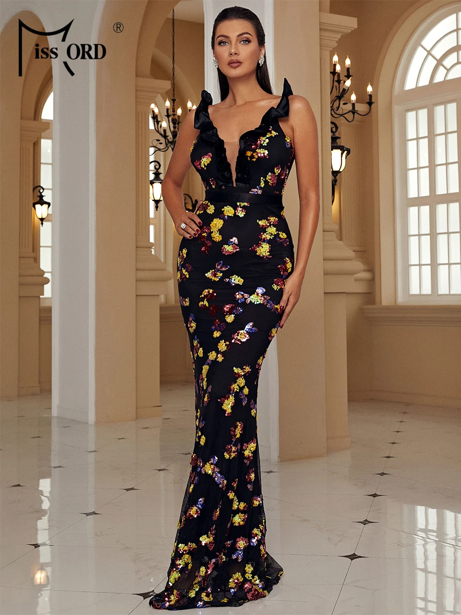 

Missord V Neck Ruffle Trim Floral Sequin Formal Corset Dress Women Party Sleeveless Bodycon Maxi Wedding Black Dresses Summer