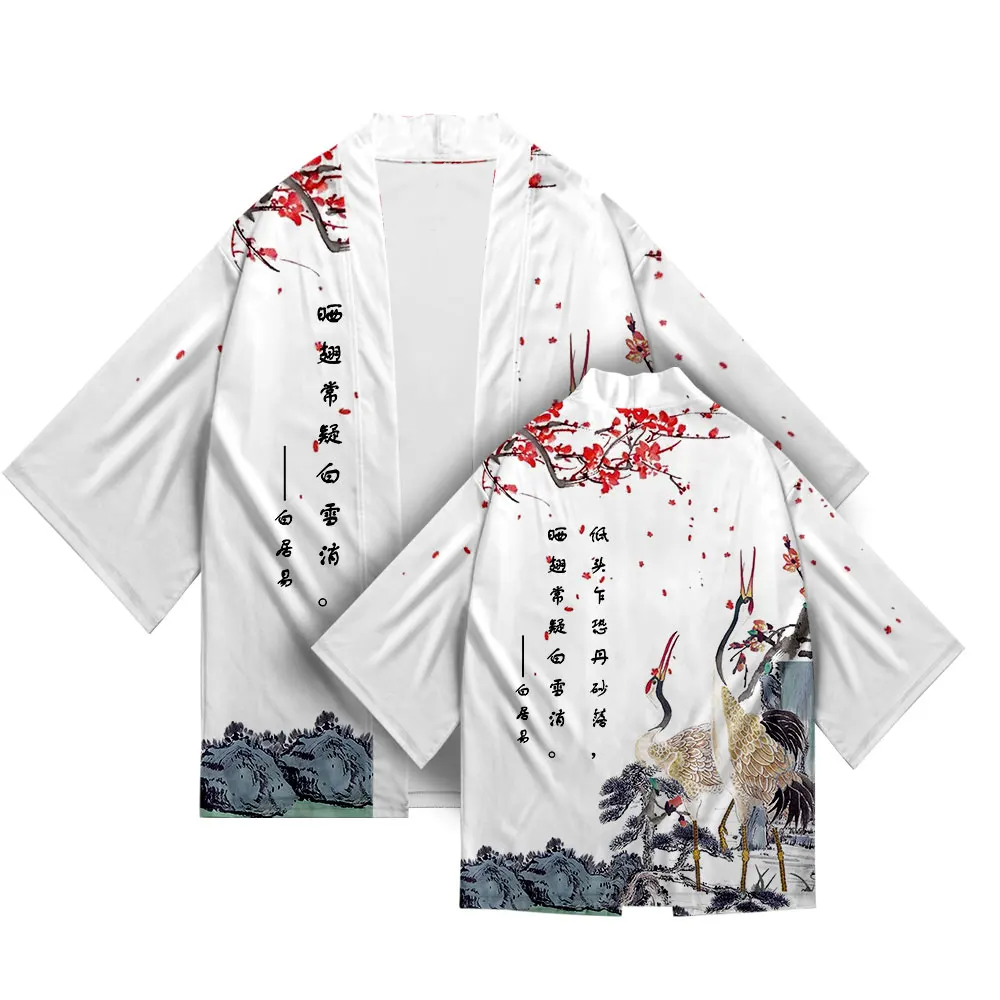 Plus Size Chinese Style Crane Print 2022 Summer Loose Streetwear Cardigan Women Men Harajuku Kimono Cosplay Tops Shirts Yukata