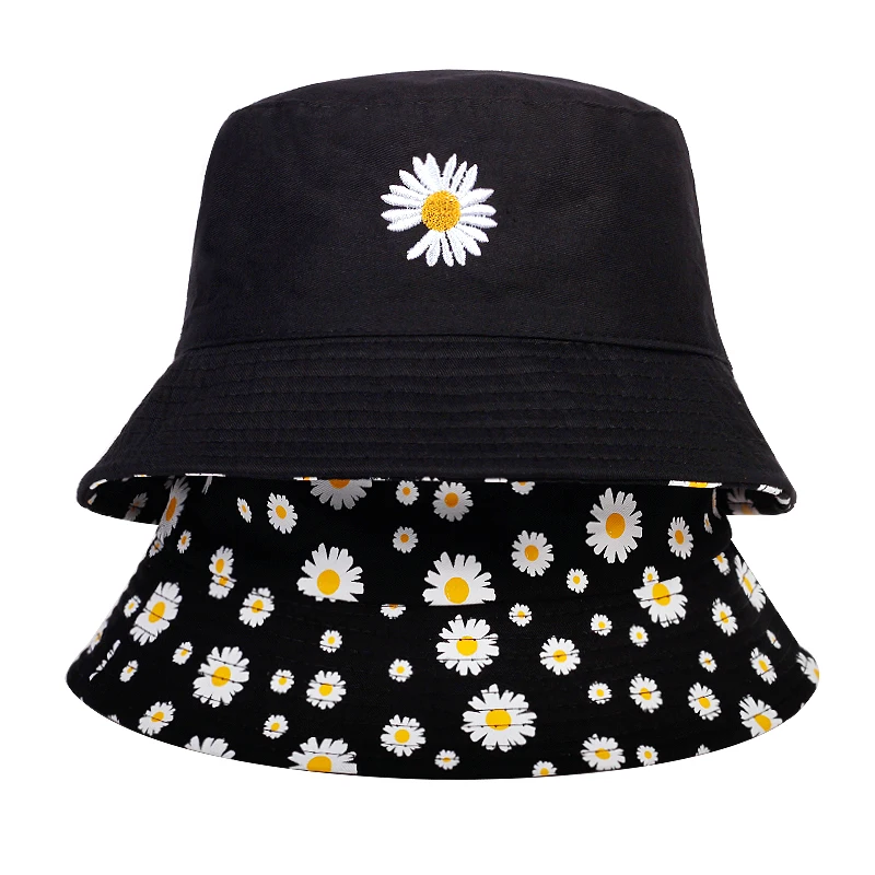 

2021 New small daisy embroidery fisherman hat double-sided wearable bucket hat summer outdoor sunshade sunscreen hat casual hats