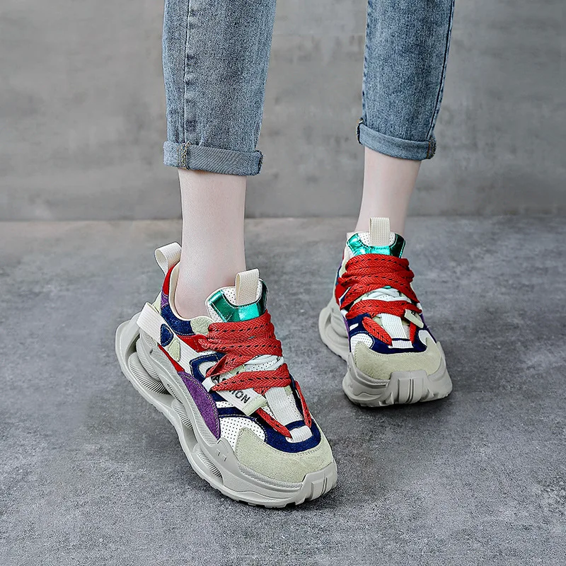 Autuspin Handmade Genuine Leather Women Sneakers Spring Summer Outdoor Leisure Students Lace-Up Sports Shoes Office Lady Size 40