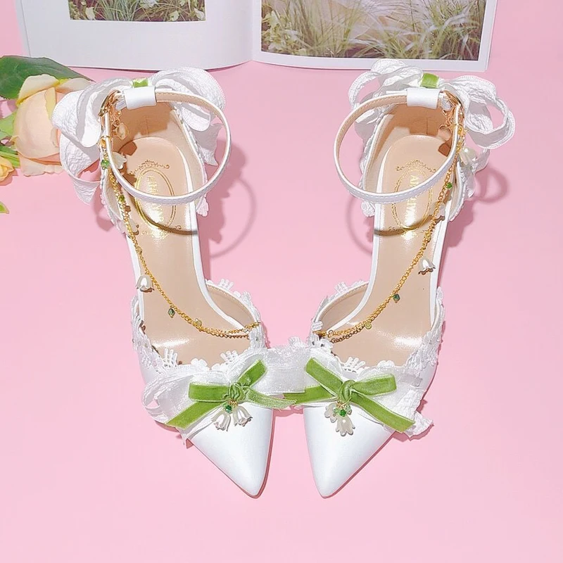 

French Style Lace Flower Grenn Bowknot Wedding Shoes Bride Dress Sandals Chiffon Ribbon Pointed Toe Ankle Strap Stiletto Chain