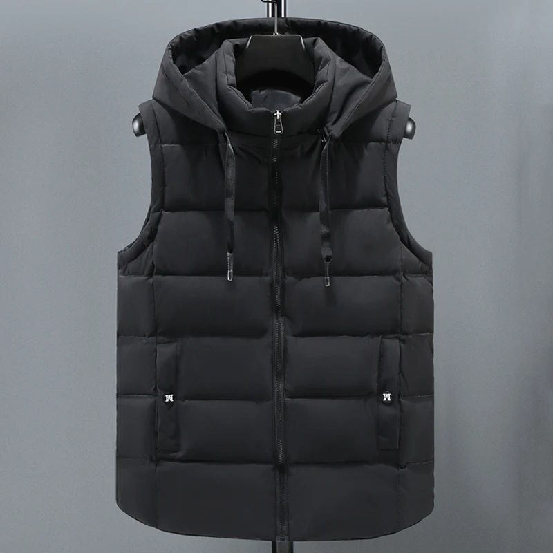 

Nice Pop Autumn Winter Black Vests Men Hooded Brand Thick Warm Cotton Padded Sleeveless Jacket Men Parka Solid Zipper Waistcoat