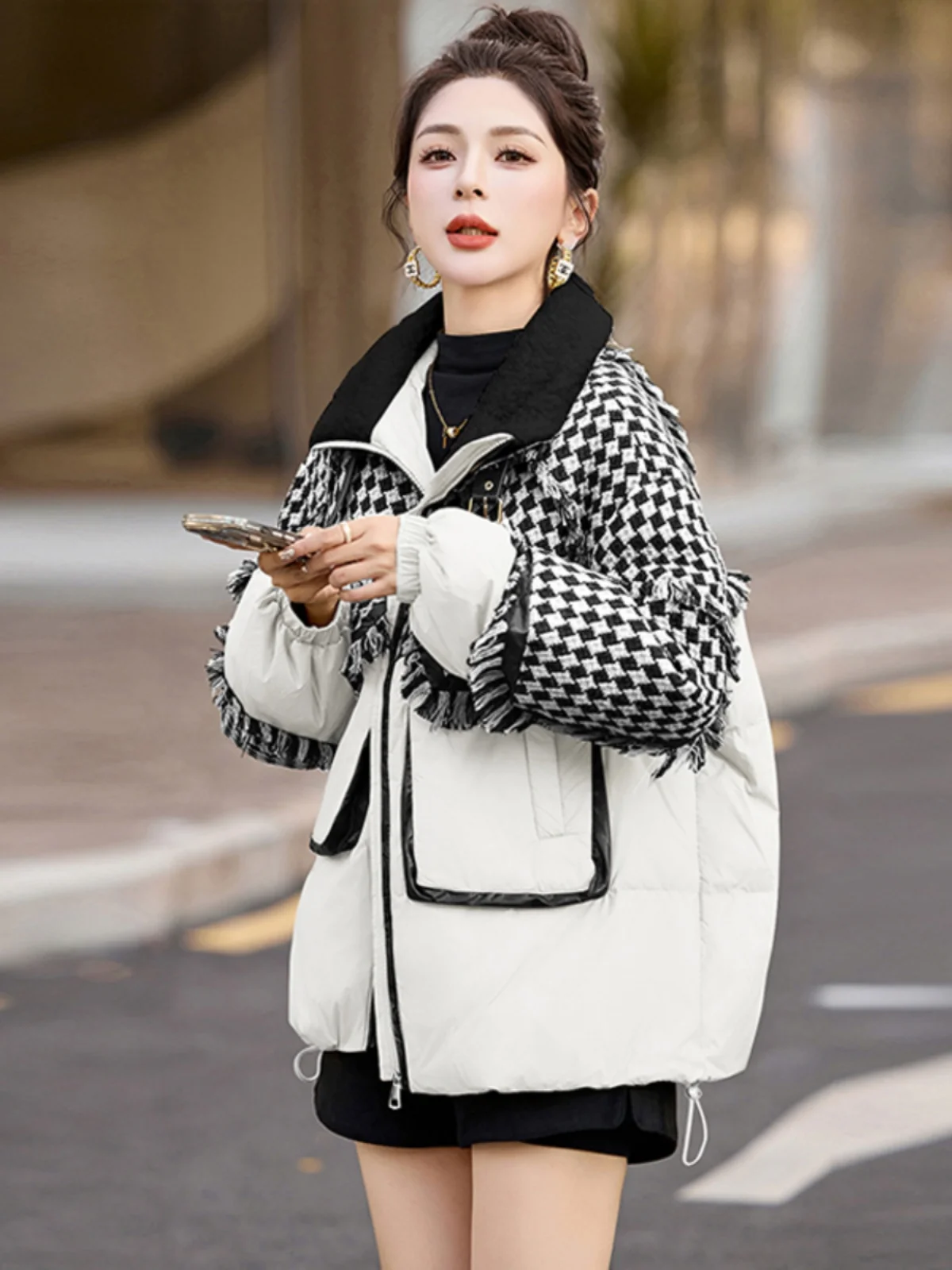 Новинка зимы 2024 пуховик Western Sle уменьшающая возраст лоскутная верхняя одежда с