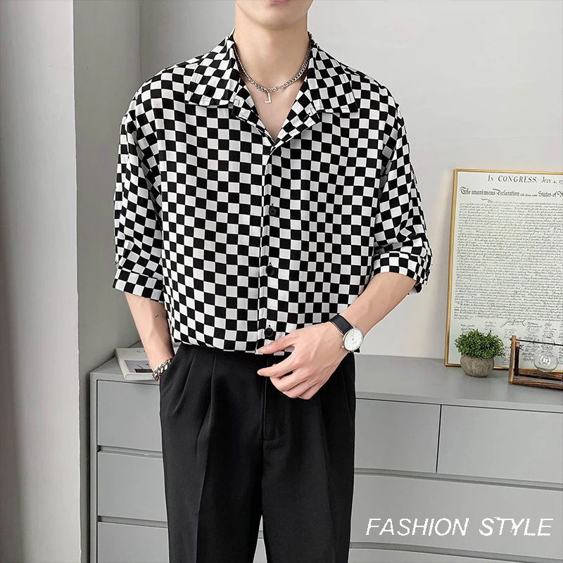 2022 Classic Plaid Shirts for Men 2022 Summer Short Sleeve Loose Casual Shirt Social Party Male Clothing Hip Hop Oversized Tops