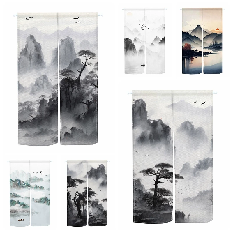 

Chinese Ink Painting Doorway Curtain Marvelous Mountain Japanese Noren Bedroom Partition Kithchen Divider Room Door Partition