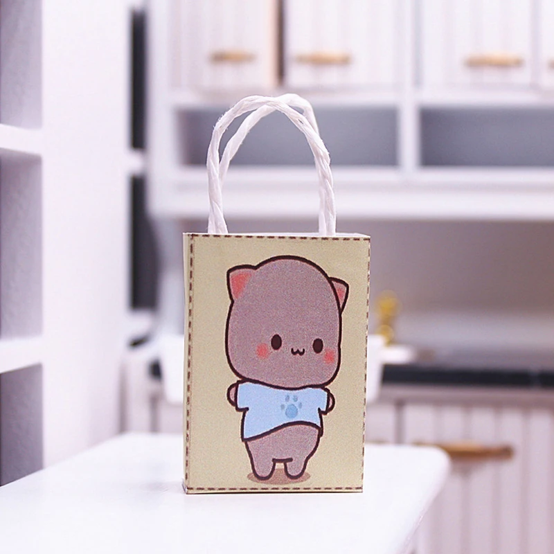 

1Pc Dollhouse Miniature Cartoon Cat Tote Bag Paper Bag Shoppong Bag Model Living Scene Decor Toy