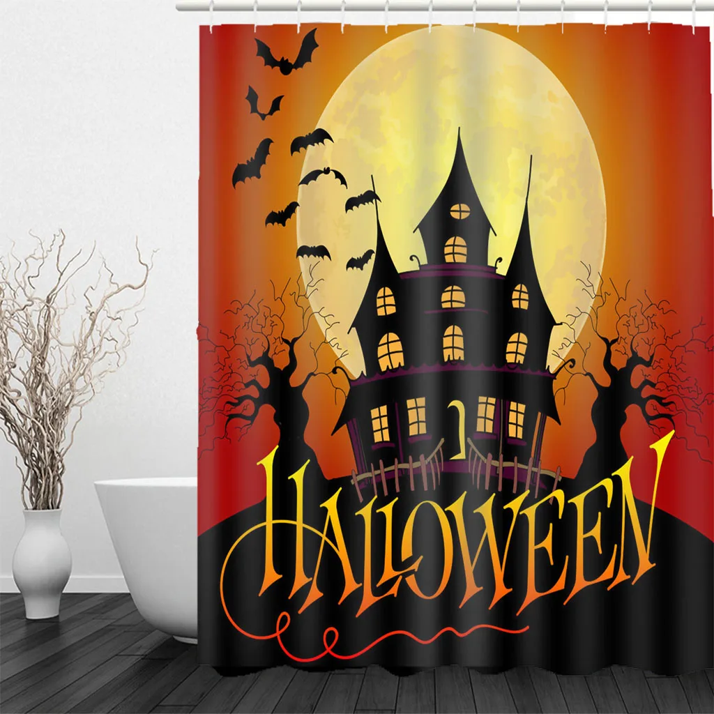 

Happy Hollaween Thriller Pumkin Skull Bat Waterproof Shower Curtains Transparant Plastic For Bathroom Sets Fabric Hooks Rings