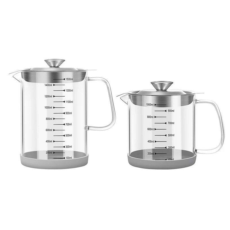 

Transparent Glass Oil Filter Pot With Scale Kitchen Oil Separator Home Bacon Grease Container With Fine Mesh Strainer