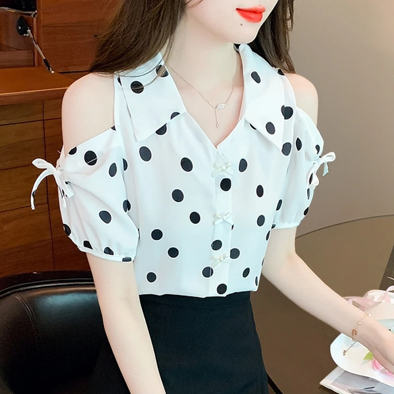

Летний топ, Привлекательная блузка с коротким рукавом и открытыми плечами, милая рубашка в горошек, пуловер с отложным воротником, одежда, блузы 27489