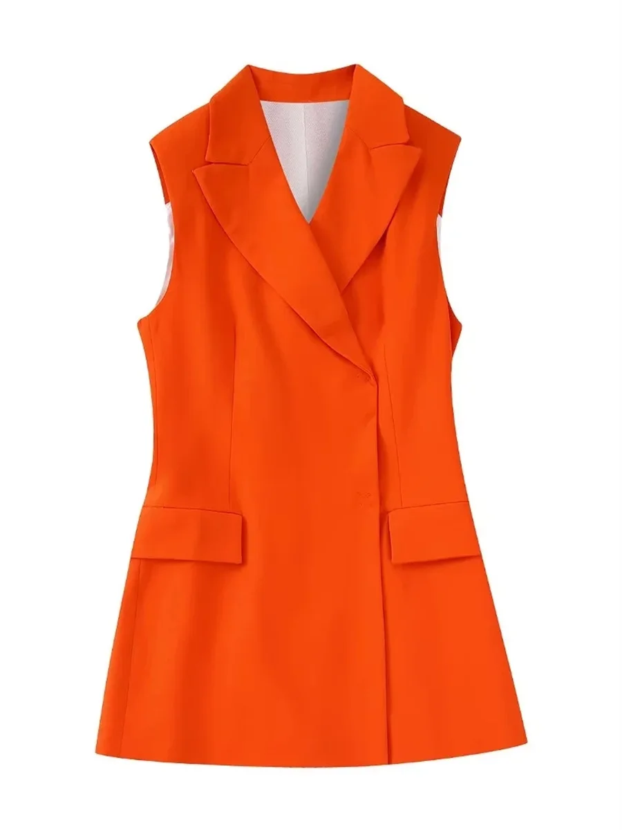 

Women Fashion Orange Sleeveless Flap Pockets Long Tank Tops 2022 Summer New Open Stitch Notch Office Lady Female Vests