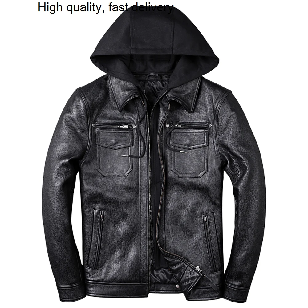 

Man High Quality Topcoat Windbreaker Cowhide Coat Hooded Real Leather Men Jacket Coat 5XL Winter Autumn Vintage Male Streetwear