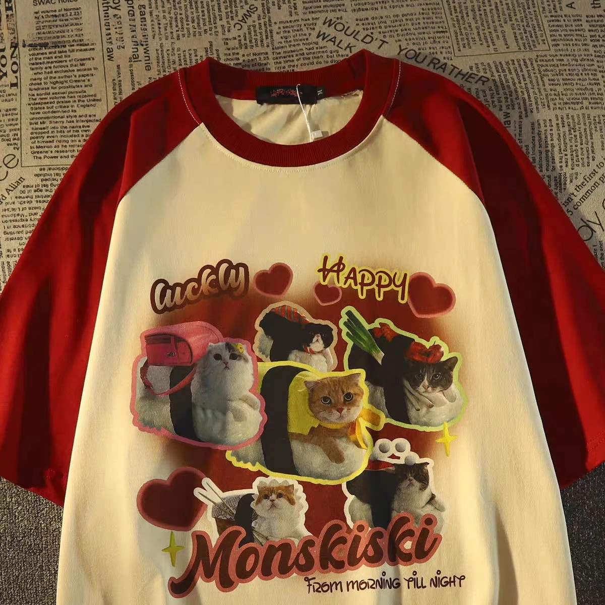 

Pure cotton American retro kitten raglan cotton short sleeved t-shirt female summer loose cute ins tops y2k clothes aesthetic