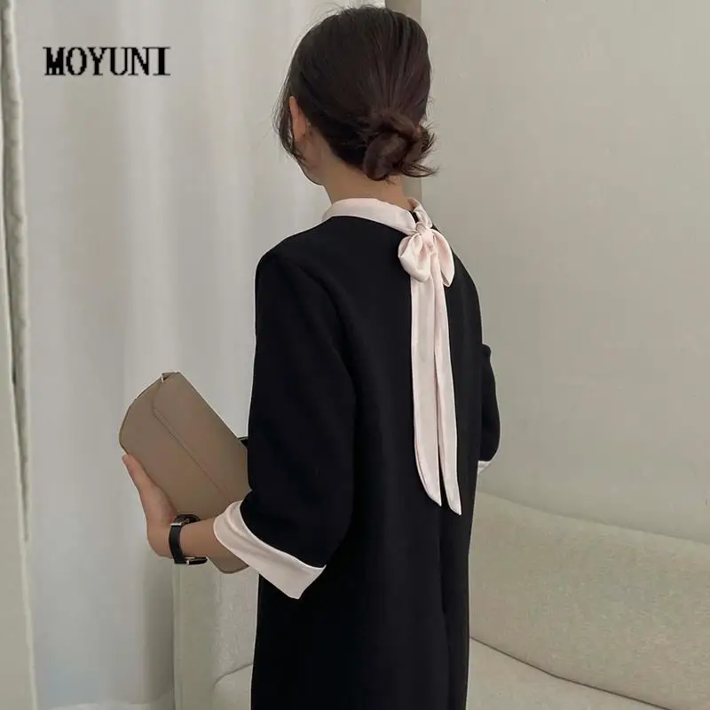 

Back Bow Lace Up Vintage Contrast Ribbon Stand Long Three Quarter Sleeve Black Dress Slim Bodycon Party Y2k Dress Vestidos