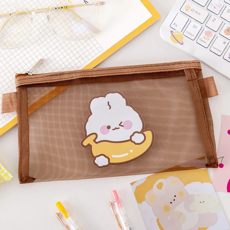 

Cute Bear Pencil Case Pen Bag Transparent Mesh Package Coffee Color Storage Pouch for Stationery Office School Supplies