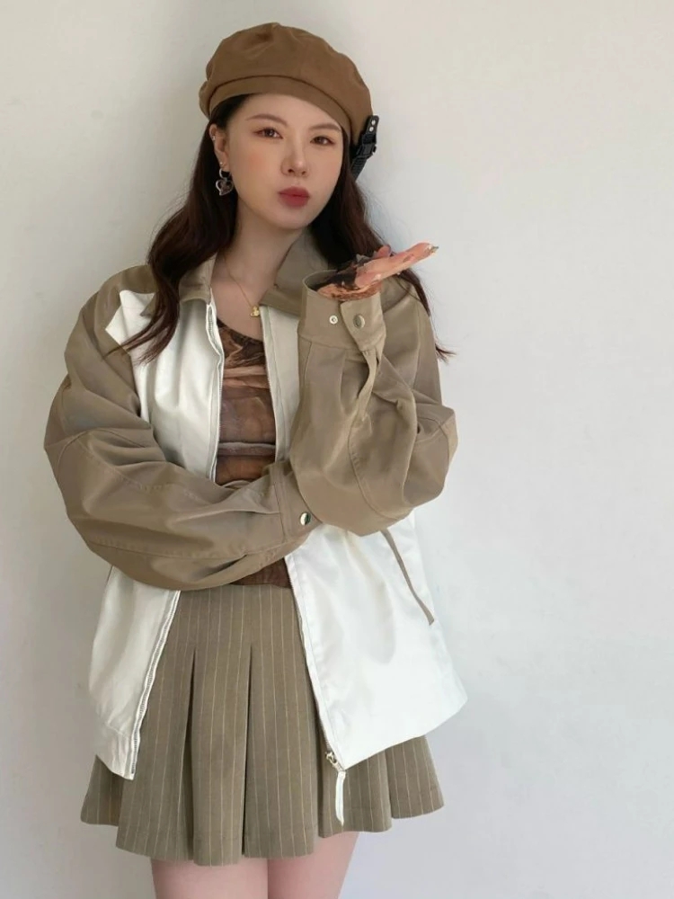 2022 Autumn Korean Leather Jacket Women Winter Patchwork High Street Biker Jacket Female Outerwear Thin Fashion PU Chic Coat New