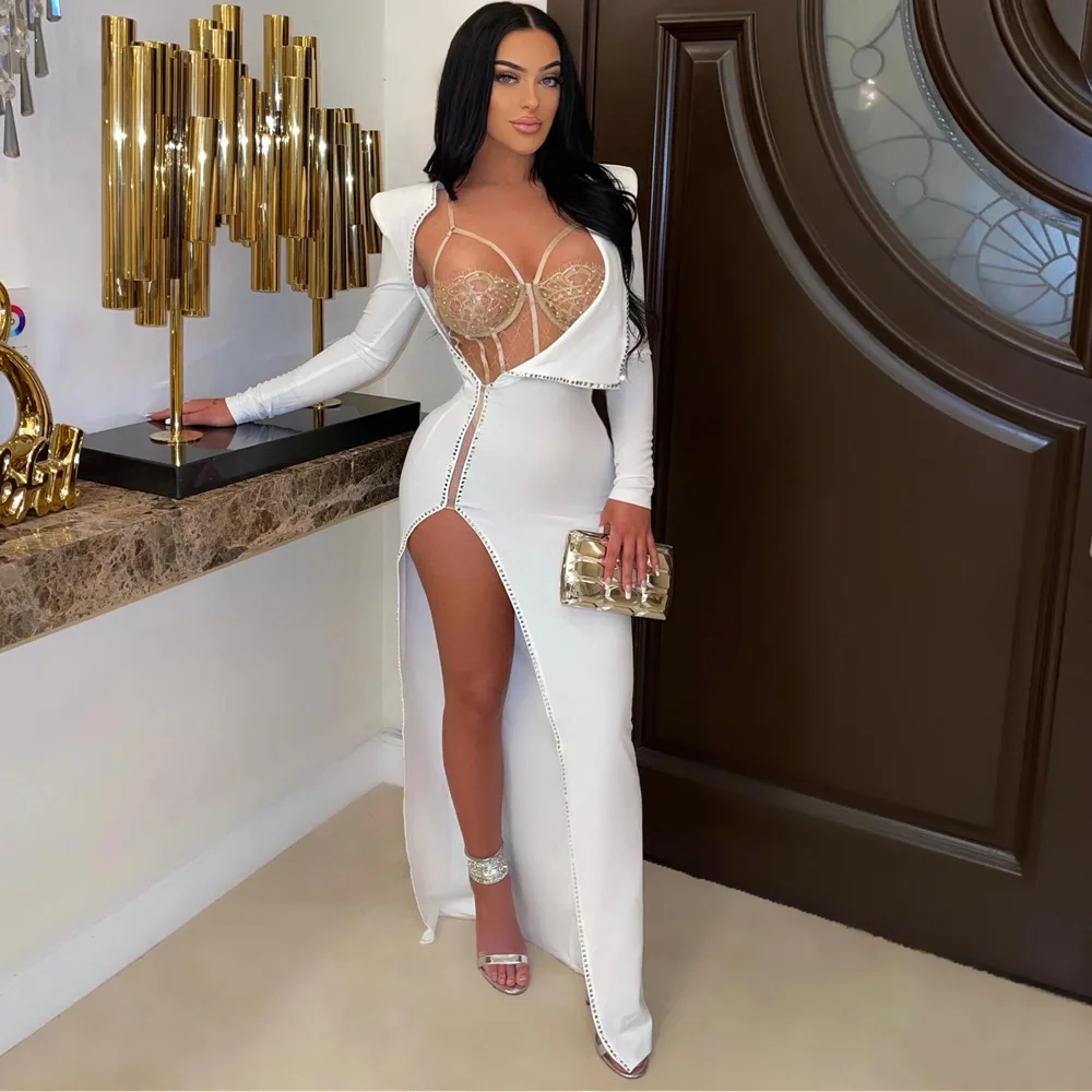 

Two Piece Sets Hot Diamond Lace Deep V Neck Nightclub Clothes Summer Spring New Fashion 2022 Party Dresses Suit Set Female