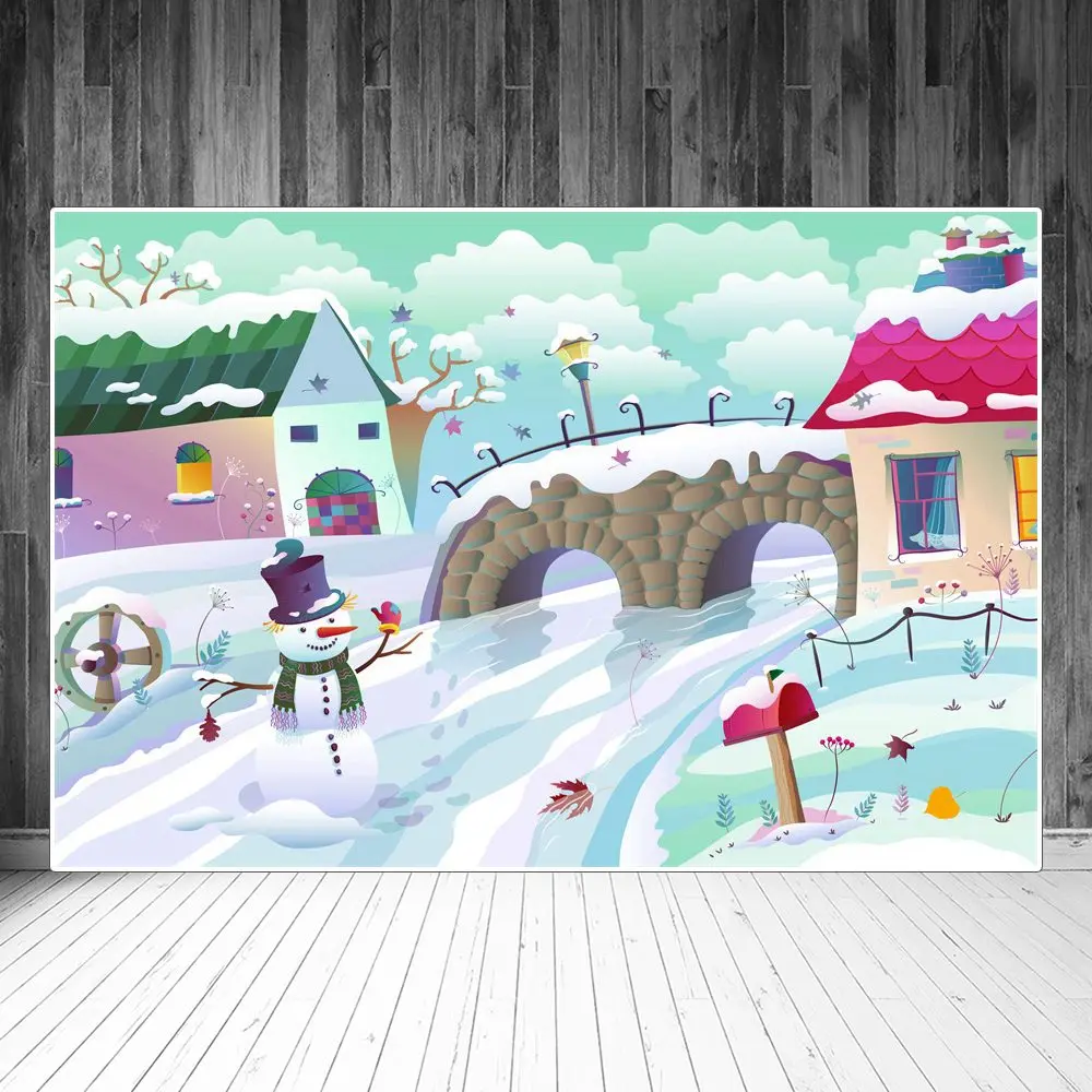 

Фон для фотосъемки с изображением зимнего Рождества снеговика сельского моста почтового ящика