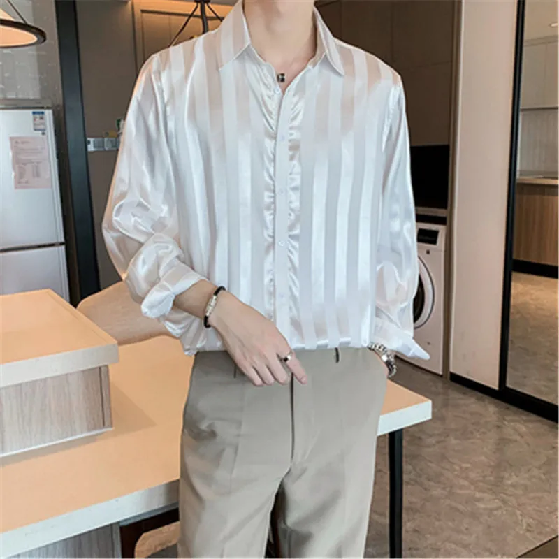 Japan Oversize Shirt Men Striped Designer Blouse for Boy Long Sleeve Loose Shirt Black Blouse Japanese Fashion Man Clothing 2022