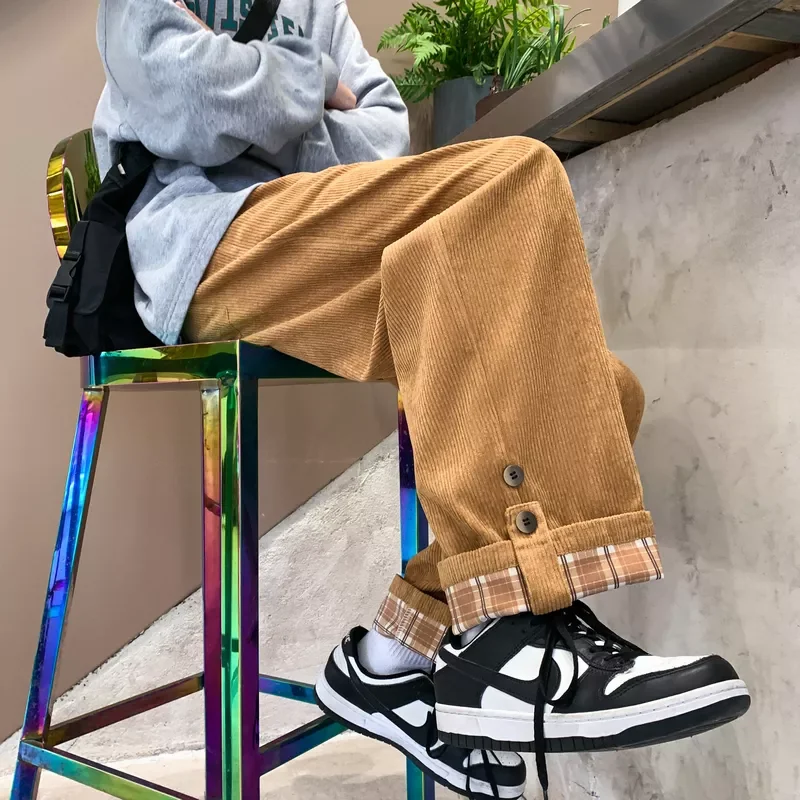

Men Casual Loose Staight Pants Cuffs Neutral Elastic Waist Sports Trousers Streetwear 4 Colors Fashion Corduroy Pants