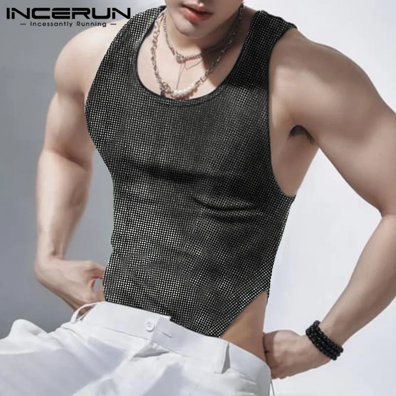 2023 Men Bodysuits Sparkling Sequin O-neck Sleeveless Rompers Tank Tops Streetwear Fitness Sexy Male Bodysuits S-5XL INCERUN