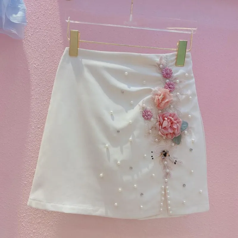 

Новинка лета 2022, тяжелая промышленная юбка с вышивкой, цветочным бисером, женская тонкая сумка с высокой талией, короткая трапециевидная юб...