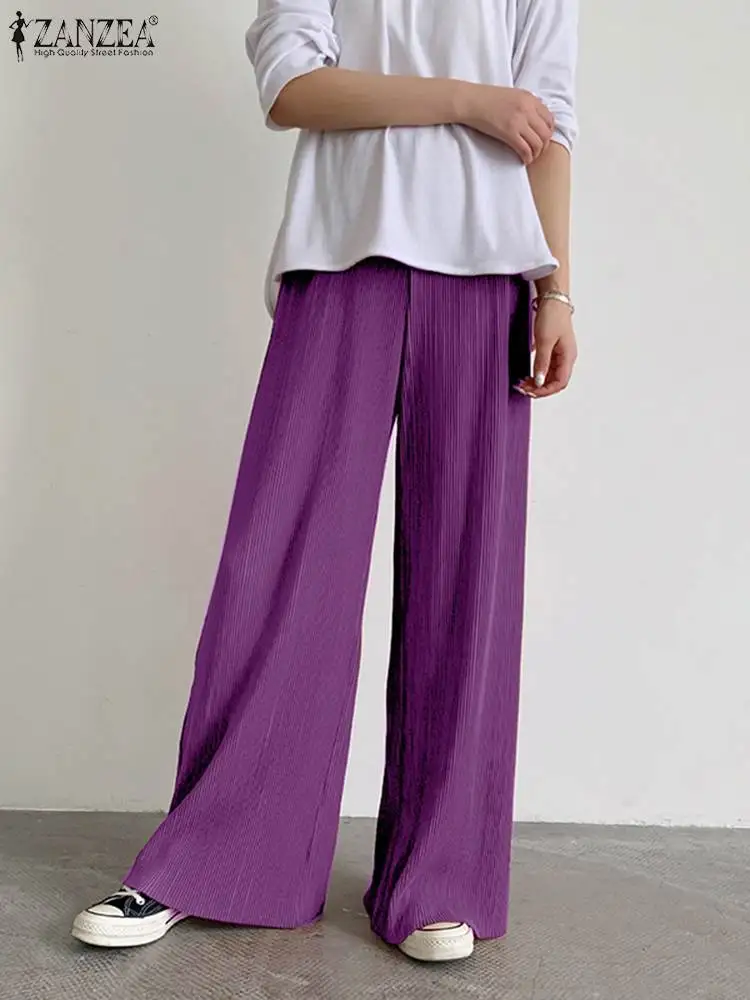 

Casual High Waist Maxi Palazzo 2022 Fashion Solid Long Trousers ZANZEA Women Wide Leg Pants Vintage OL Baggy Pantalon Oversized