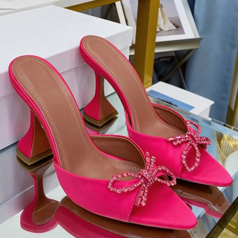 2022 summer European and American new high-heeled diamond decoration bow pointed open toe ladies slippers