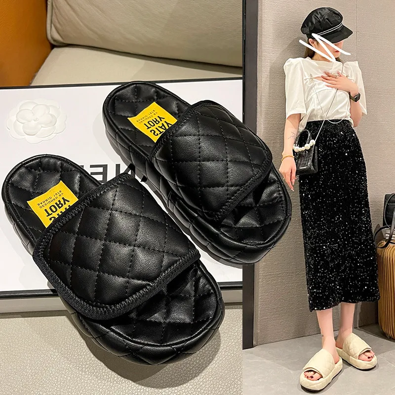 

Женские шлепанцы на платформе, летние Мягкие Шлепанцы из искусственной кожи, на липучке, большие размеры