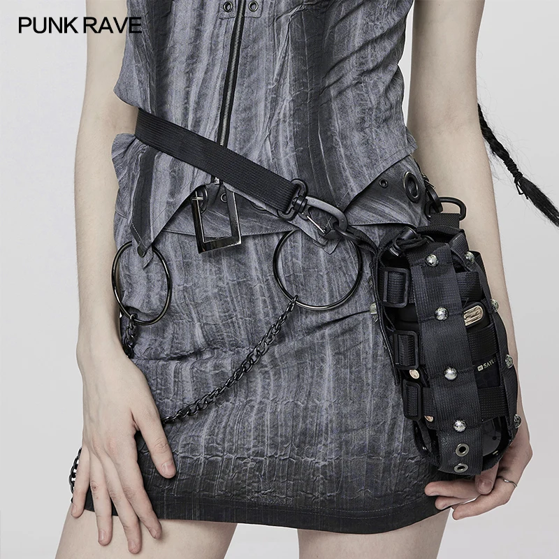 

PUNK RAVE Women's Punk Waist Bag Post-apocalyptic Style Water Bottle Bag Punk Eyelets Rivets Personality Black Small Waist Bag