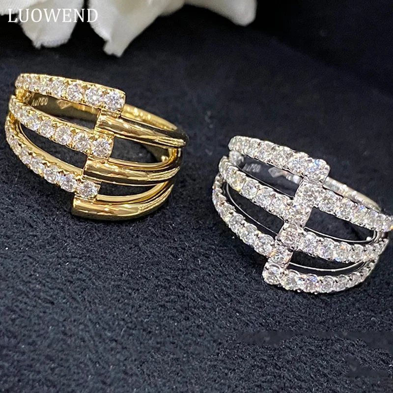 LUOWEND 18K белые или желтые золотые кольца, Роскошные, две спецификации, кольцо с натуральными бриллиантами, блестящий обручальный браслет для женщин, обручальное кольцо