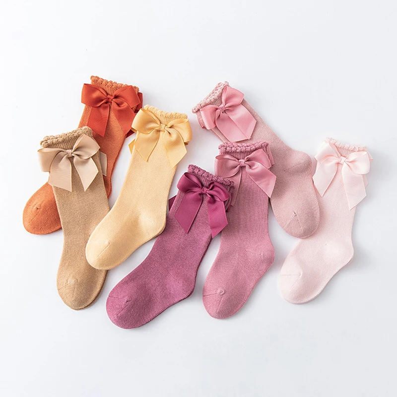 0-7Years Cute Girls Cotton Sock Big Bows Knee High Princess Socks For Girls Newborn Baby Frilly Sock Long Children Socks