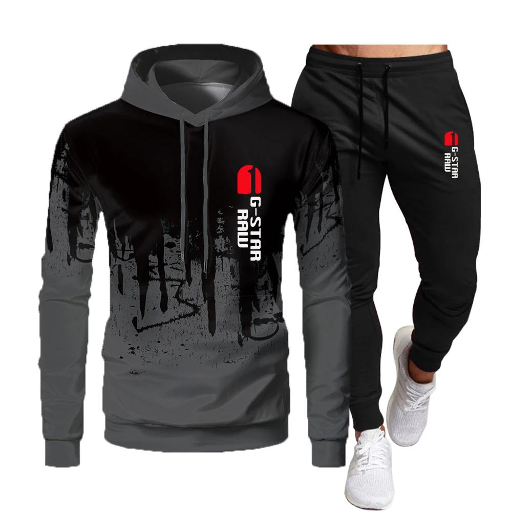 Autumn 2023 New Men's Set Brand Print Fashion Set Casual Pullover Sportswear 2-piece Hoodie Sweatshirt+Sweatpants Set