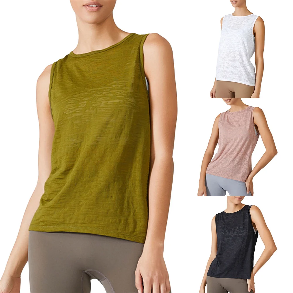 

Женские тренировочные майки, топы для спортивных тренировок, бега, фитнеса, йоги, женские свободные однотонные жилеты с круглым вырезом и открытой спиной