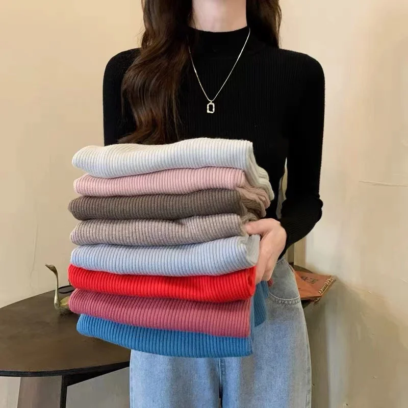 

Женский вязаный пуловер, свитер с длинным рукавом, Облегающая рубашка, свитеры с высоким воротником, повседневная осенне-зимняя эластичная блузка, джемперы