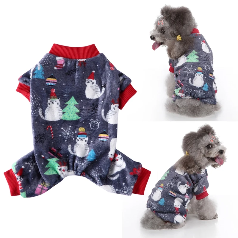 

Рождественская Пижама для собак с принтом кошек, мягкий теплый флисовый комбинезон для собак, легкий товар