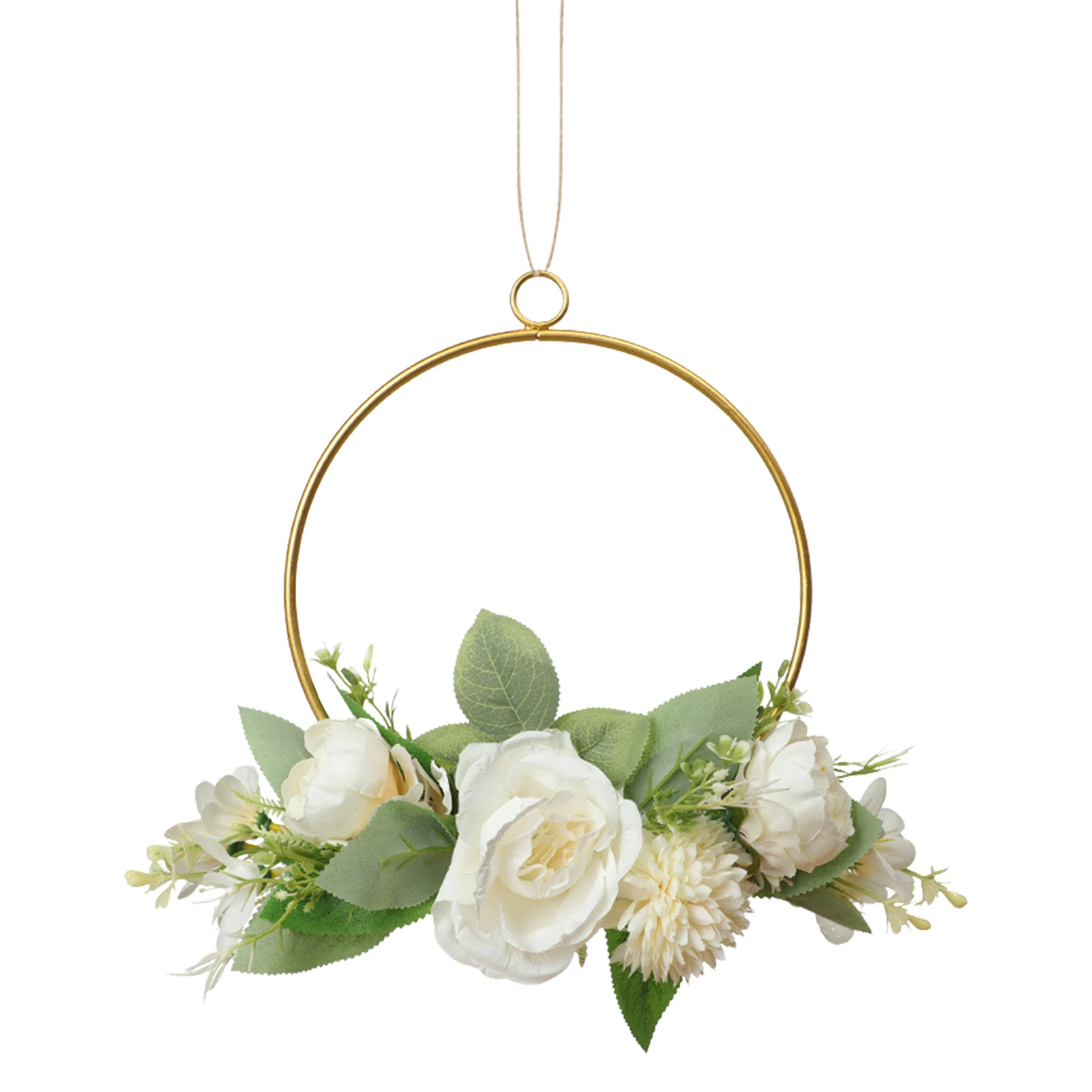 

Floral Hoop Wreath Metal Hangings Hoop Wreath Camellia Flowers White And Willow Leaves Vine Metal Ring Garland For Wedding Home