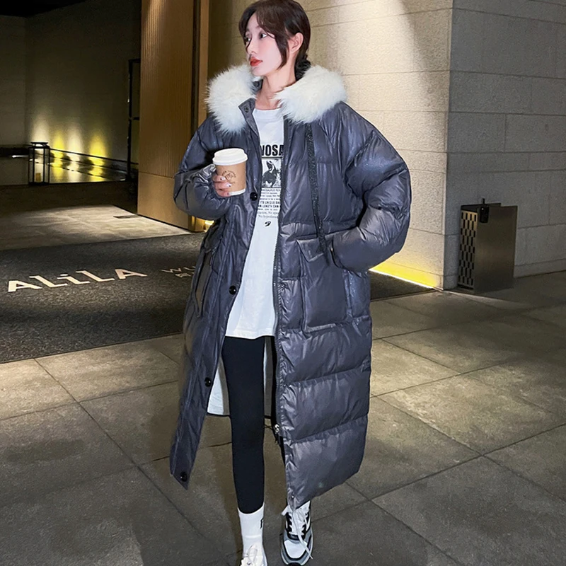 

Women's Winter Jacket Long Korean Loose Coat Thickened Cotton Padded Large Wool Collar Hooded Waterproof Casual Fashion Cloak