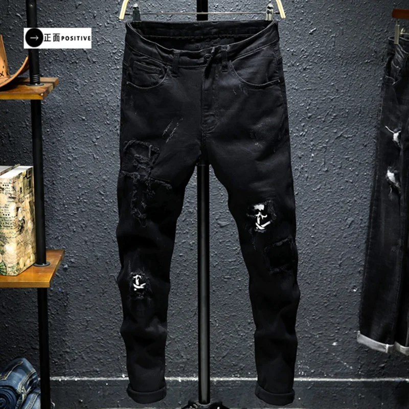 

Black New ole Patc Jeans Slim Stretc Pants Men Skull Print Fasion Bear Trousers ip op Motorcycle Brand Clotin