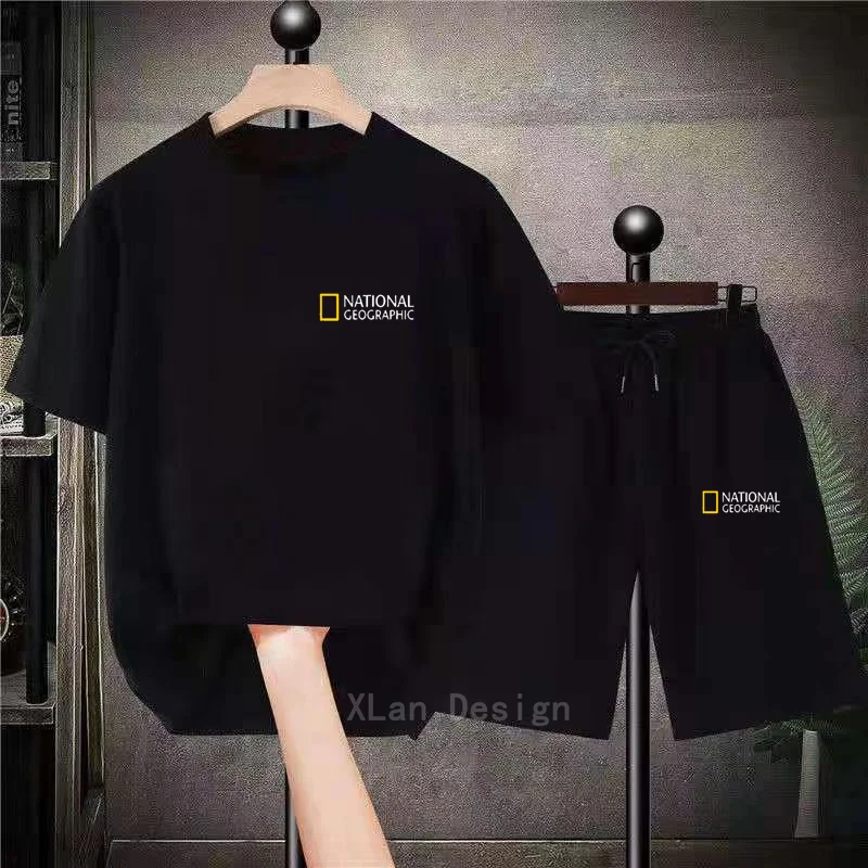 Nationals Geographics Two Piece Sets Tracksuit 100% Cotton Summer Men T-shirts Shorts Sportswear Korea Brand Clotheing For Man